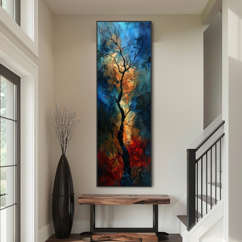 Abstract Long Narrow Vertical Wall Art with Tree Design
