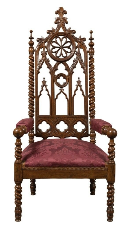 American Gothic Revival Oak Armchair with Carved Back