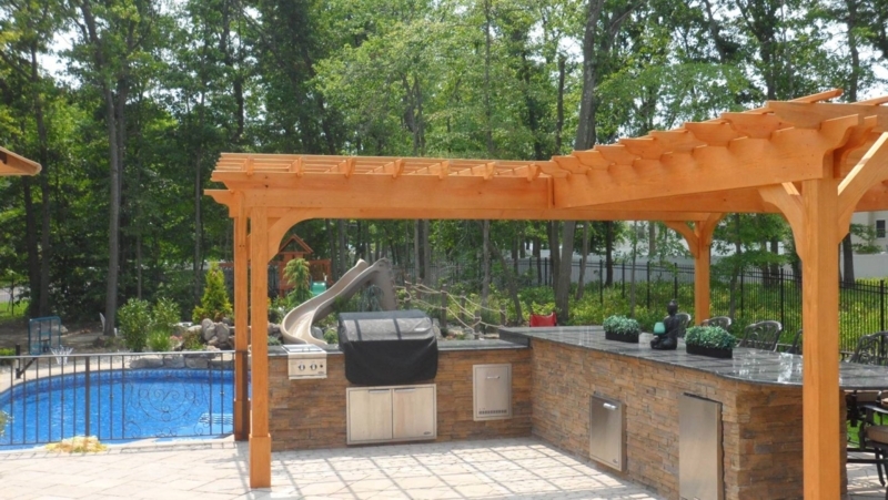 Amish Crafted Wooden Pergola Over Outdoor Kitchen