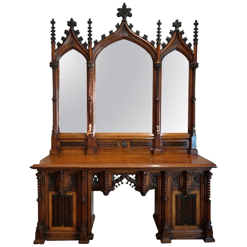 Antique Gothic Revival Wooden Sideboard with Mirrors