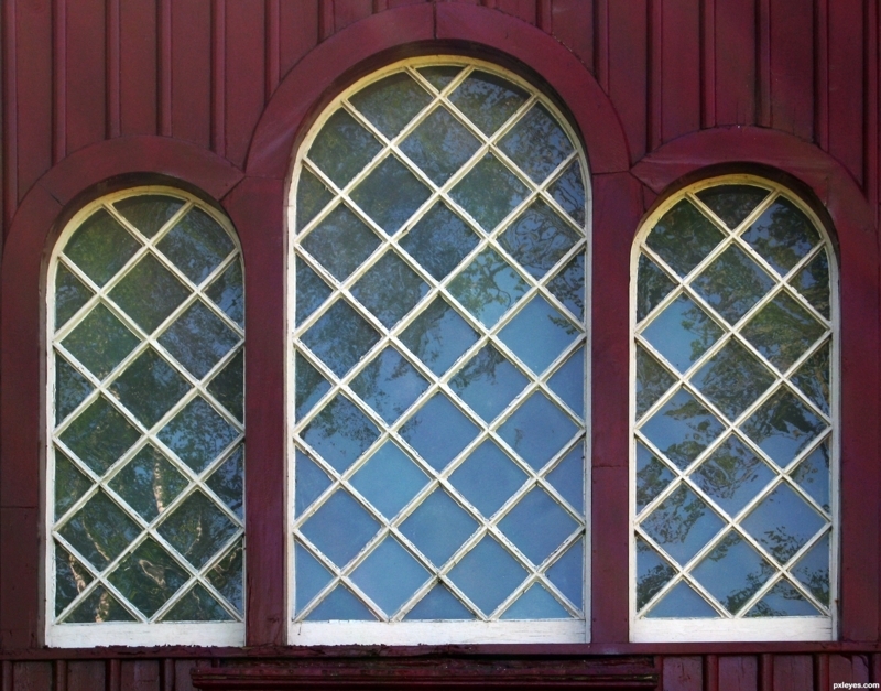 Arched Lattice Windows with Red Wood Frame