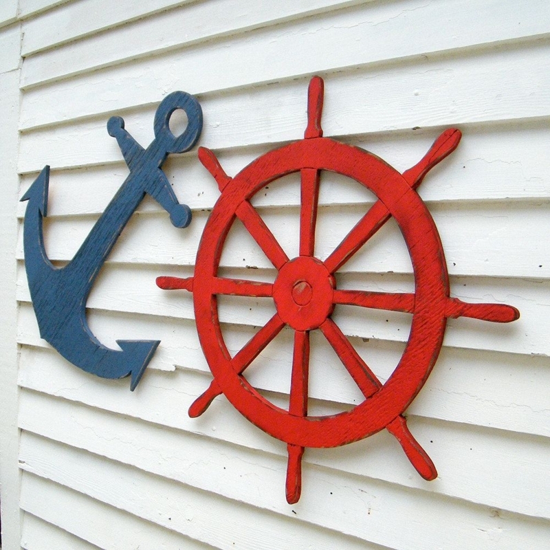 Bold Nautical Outdoor Wall Decor with Anchor and Wheel