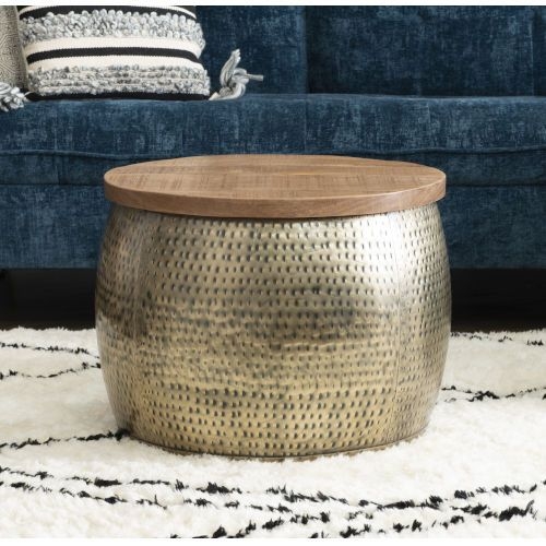 Brass Gold Drum Coffee Table with Wooden Top
