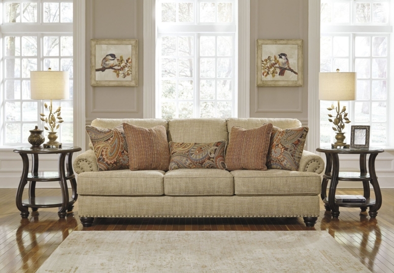 Candoro Neutral Oatmeal Sofa with Patterned Pillows