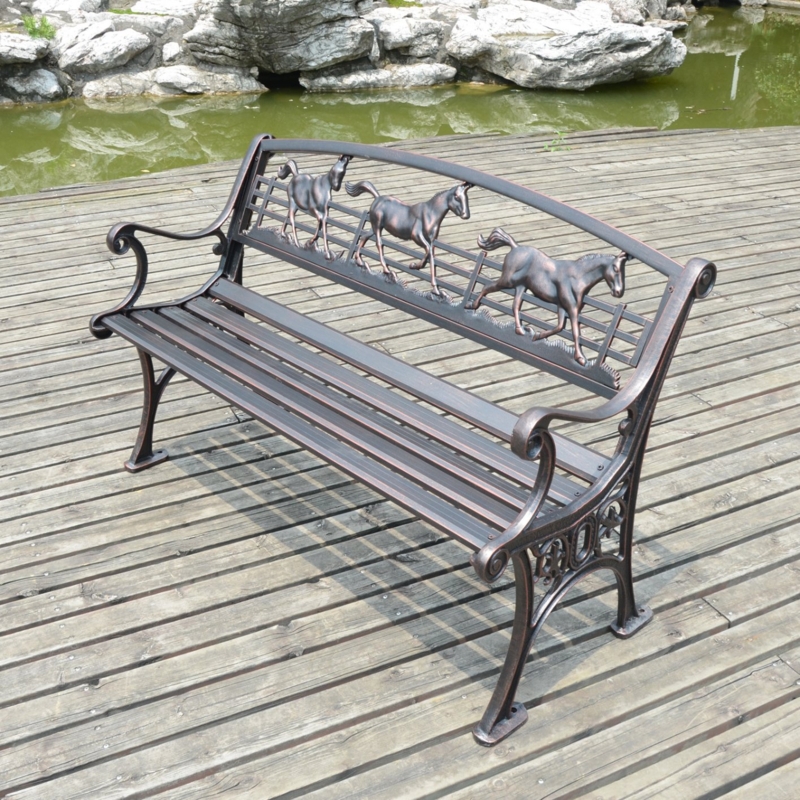 Cast Aluminum Outdoor Garden Bench with Running Horses