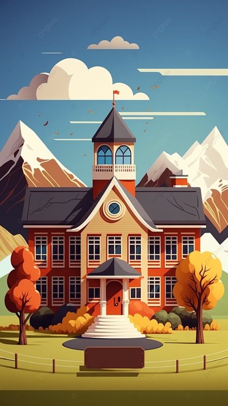 Charming School Building with Mountain Backdrop Illustration