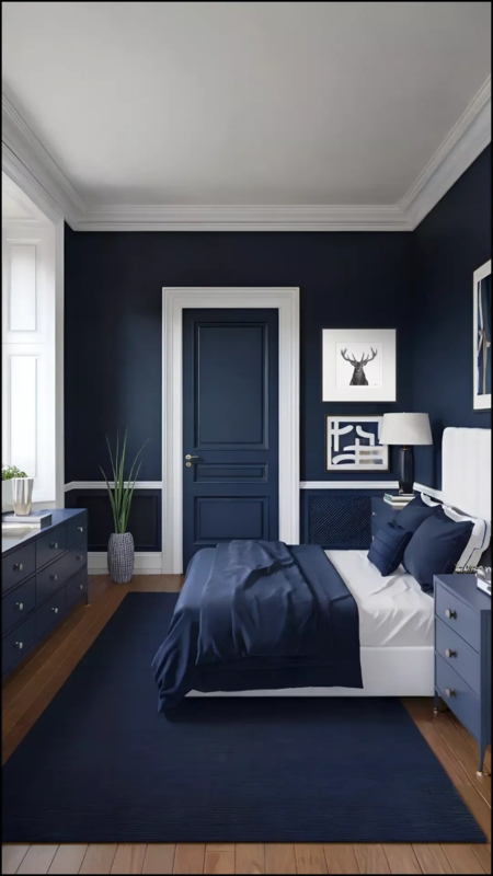 Chic Navy Blue Bedroom with Modern Black and White Art