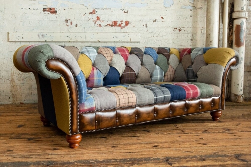 Colorful Patchwork Chesterfield Sofa with Leather Trim