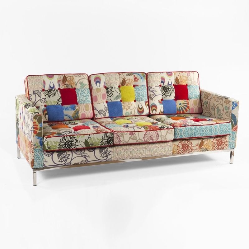 Colorful Patchwork Mid-Century Modern Tufted Sofa
