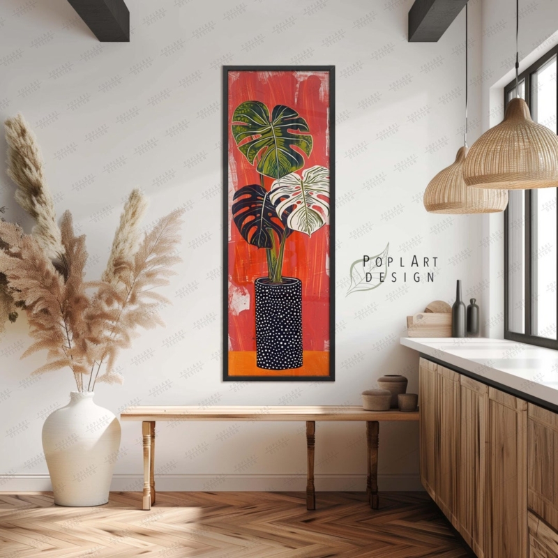 Colorful Vertical Monstera Wall Art in Kitchen