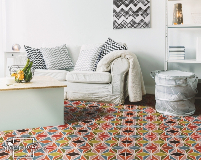 Colorful Vintage Pattern Vinyl Flooring in Living Room