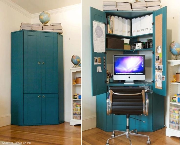 Compact Hidden Desk Workspace Inside Blue Cabinet