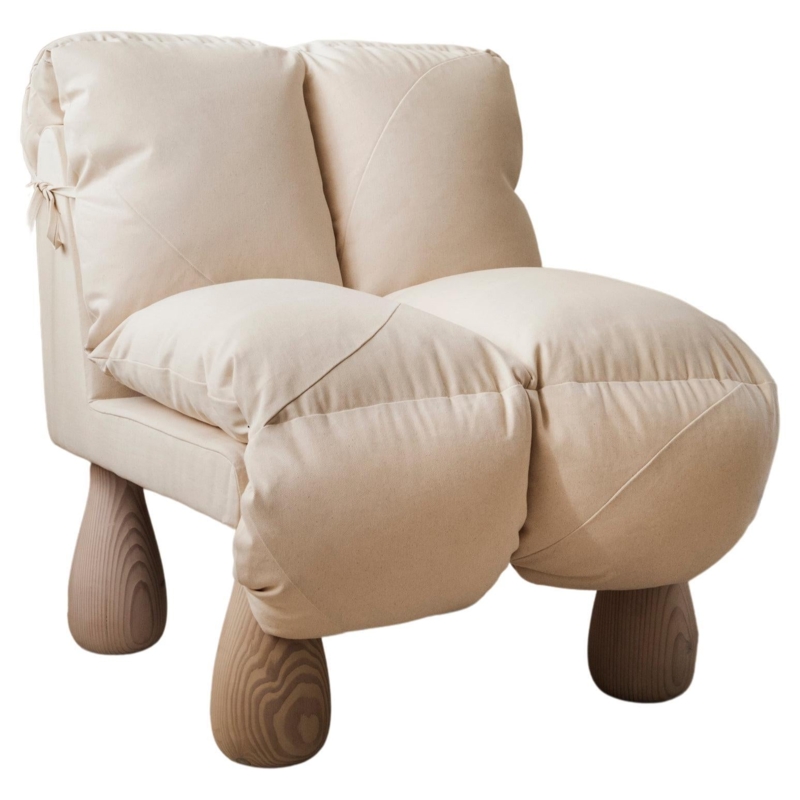 Contemporary Beige Upholstered Nap Chair with Wooden Legs