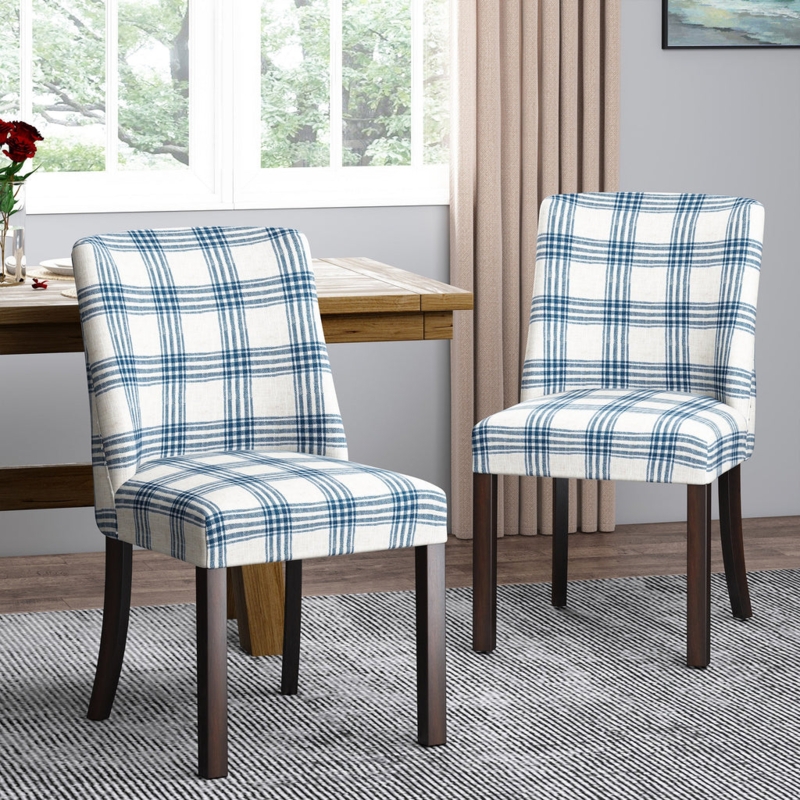 Contemporary Blue Plaid Upholstered Dining Chairs Set