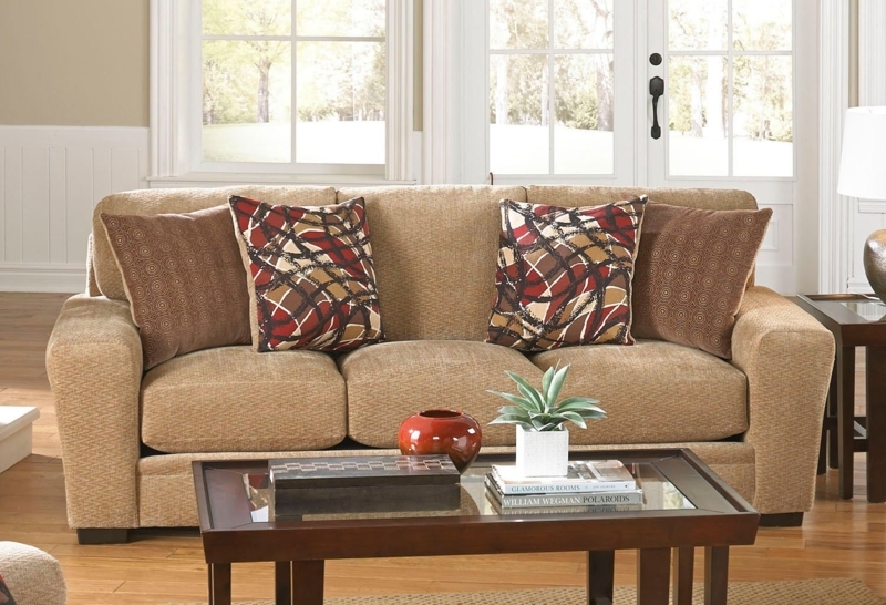 Cozy Beige Prescott Sofa with Patterned Accent Pillows