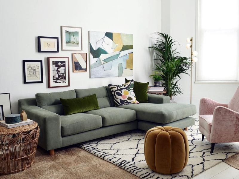 Cozy Green Sectional Sofa with Modern Wall Art