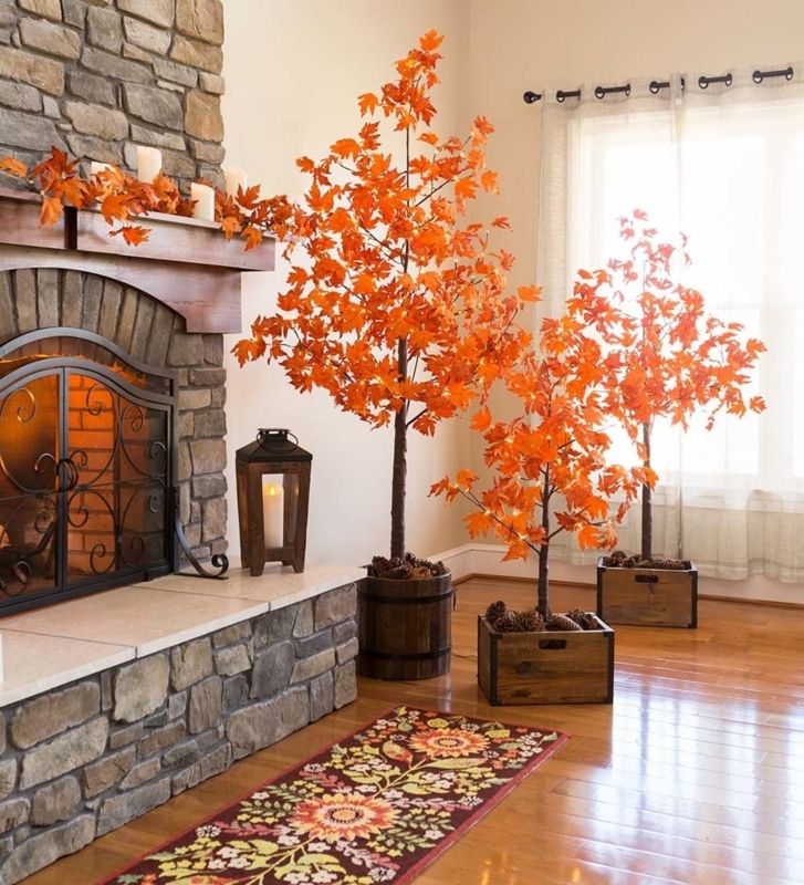 Cozy Indoor Fall Decor with Illuminated Trees