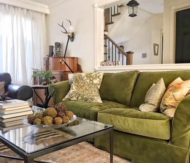 Cozy Living Room with Moss Green Velvet Sofa