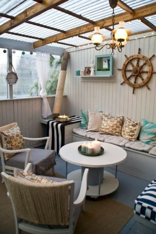 Cozy Nautical Outdoor Seating Area with Coastal Decor
