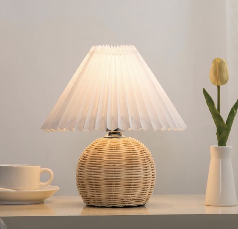 Cozy Rattan Table Lamp with White Pleated Shade