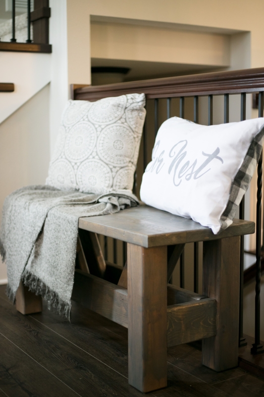 Cozy Rustic Bench with Wool Blanket and Throw Pillows