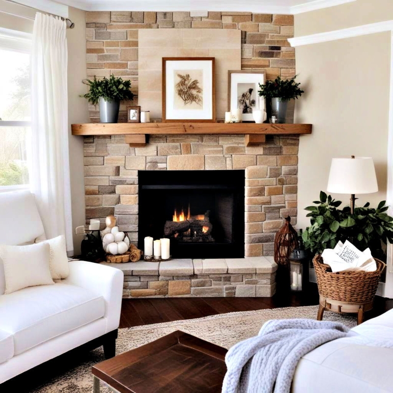 Cozy Stone Fireplace with Rustic Wooden Mantel