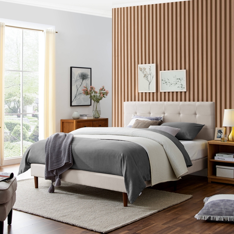 Cozy Upholstered Off-White Platform Bed Bedroom