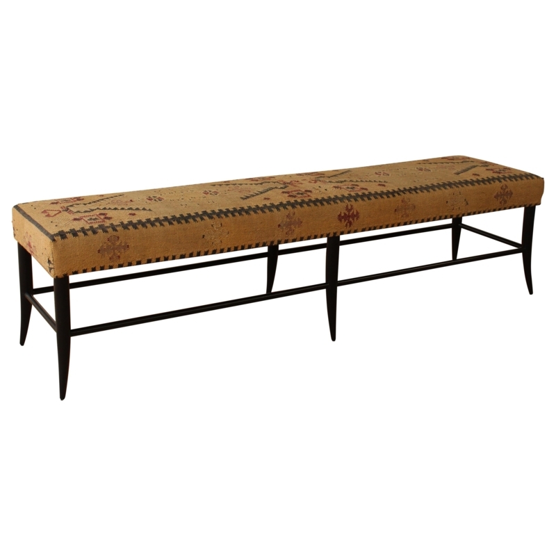 Custom Kilim Upholstered Long Wooden Bench