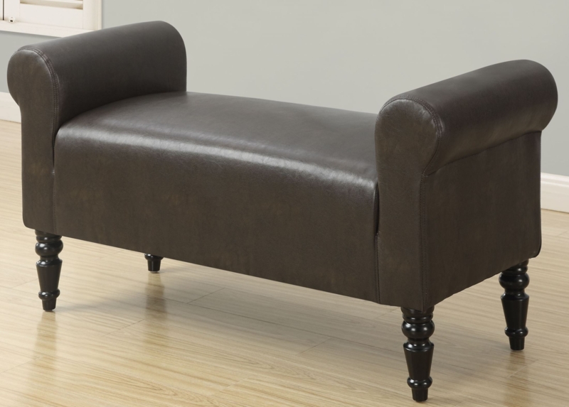 Dark Brown Leather Upholstered Bench with Rolled Arms