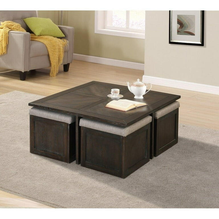 Dark Wood Coffee Table with Hidden Storage Ottomans