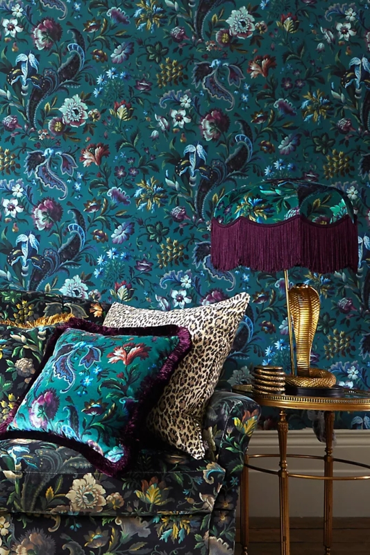 Eclectic Floral Wallpaper and Bold Patterned Decor