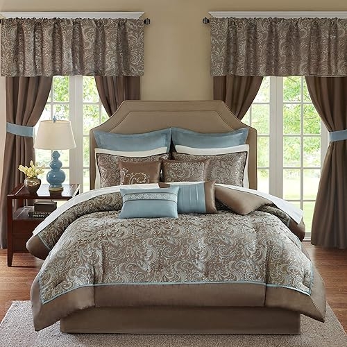Elegant Blue and Brown Queen Comforter Sets with Curtains