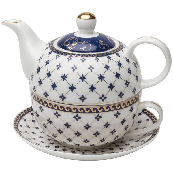 Elegant Blue and Gold Trimmed Porcelain Tea Set