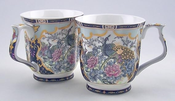 Elegant Blue and Pink Peacock Fine China Mugs
