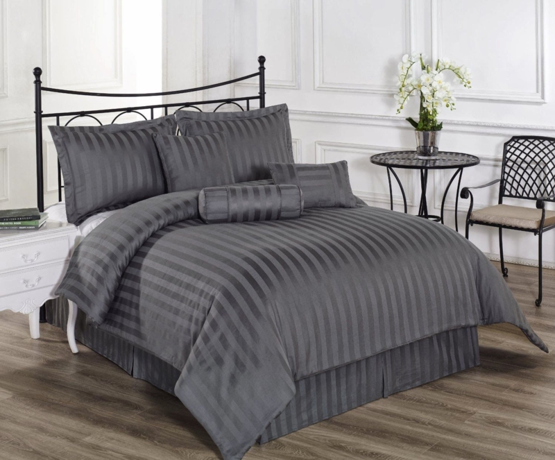 Elegant Charcoal Gray Striped Comforter and Drapes