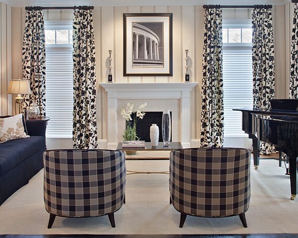 elegant dining room with classic plaid on barrel chairs and floor-to ...