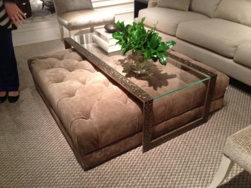 Elegant Glass Coffee Table with Tufted Ottomans