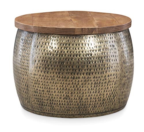 Elegant Gold Drum Coffee Table with Wooden Top