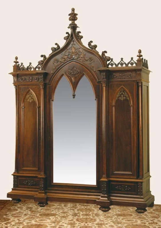 Elegant Gothic Revival Armoire with Ornate Mirror