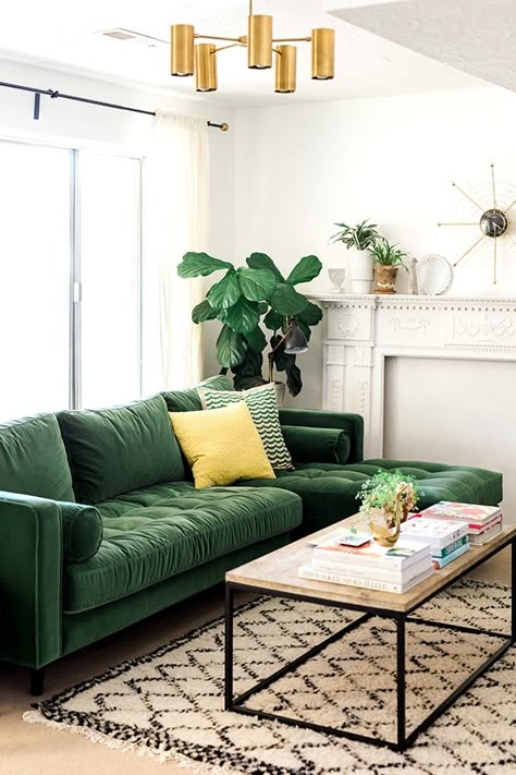 Elegant Hunter Green Velvet Sofa in Bright Living Room