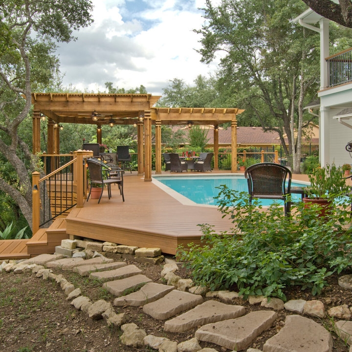 Elegant L Shaped Pergola Poolside Deck Design