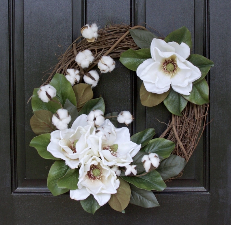 Elegant Magnolia and Cotton Leaf Front Door Wreath