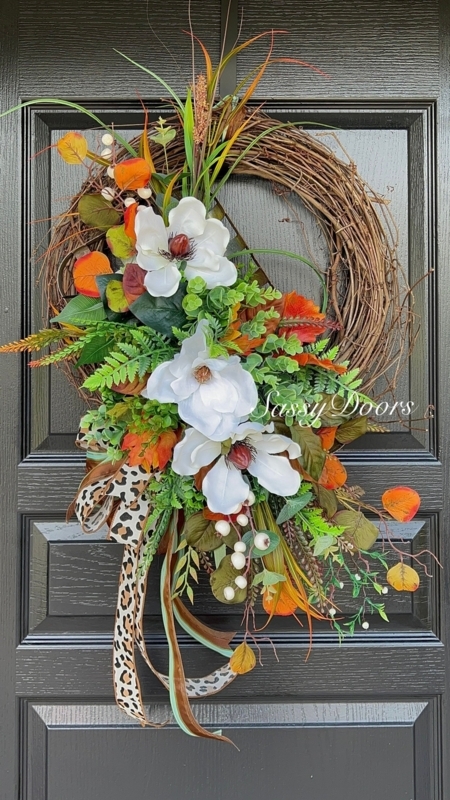 Elegant Magnolia and Fall Floral Front Door Wreath