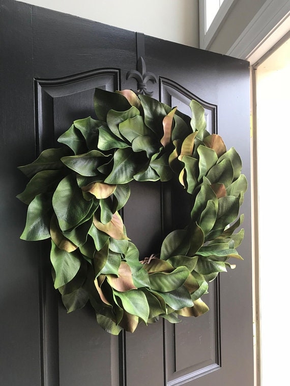 Elegant Magnolia Leaf Wreath on Black Front Door
