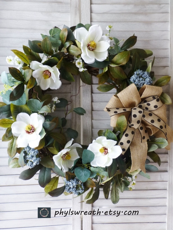 Elegant Magnolia Spring Wreath with Burlap Bow