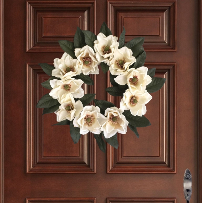 Elegant Magnolia Wreath on Classic Wooden Door