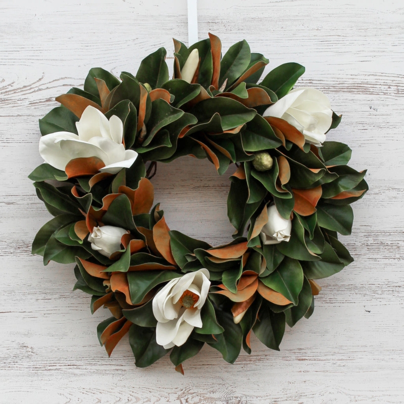 Elegant Magnolia Wreath with White Blossoms 24 Inch