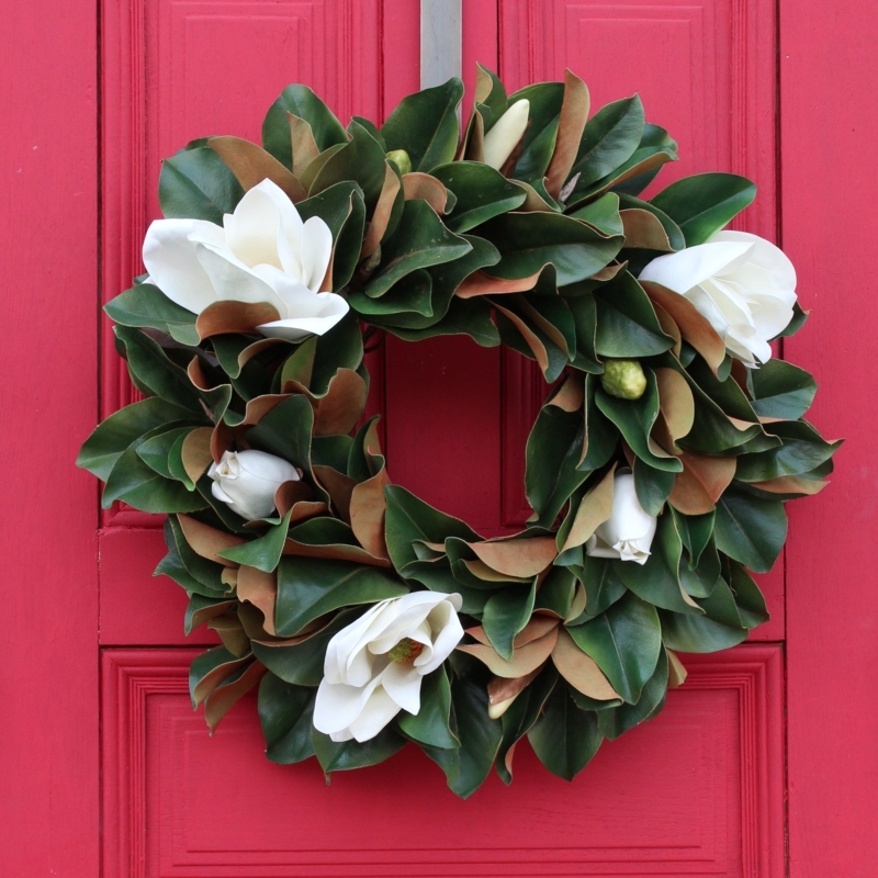 Elegant Magnolia Wreath with White Blossoms on Red Door