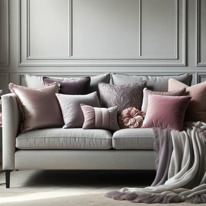Elegant Pink and Mauve Throw Pillows for Gray Sofa