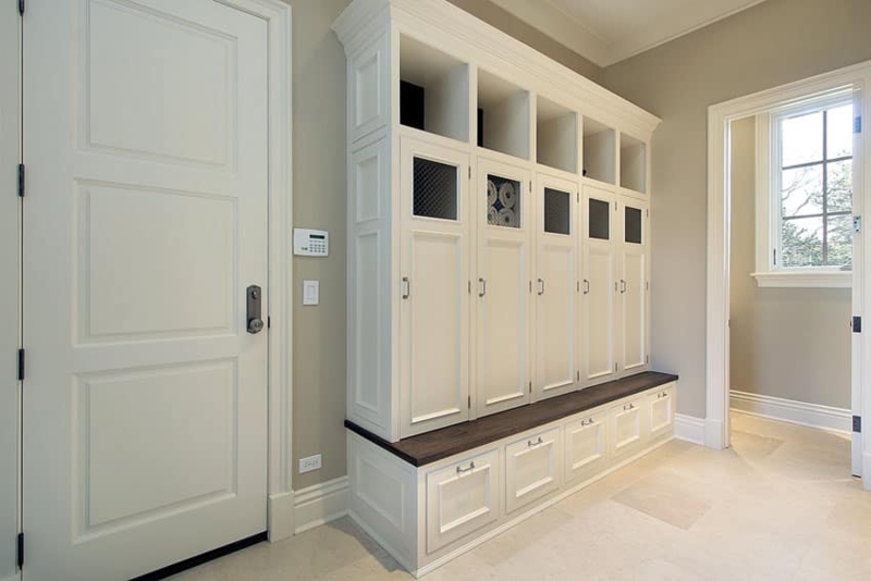 Elegant White Mudroom Storage with Bench Seating